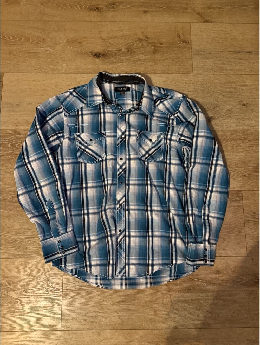 Men’s ELY 1878 White Blue Plaid Long Sleeve Pearl Snap XL